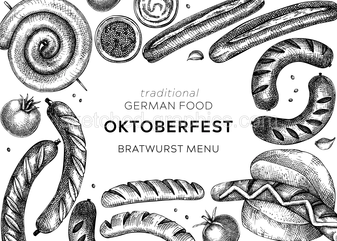 Grilled sausage frame. Hand-drawn fast food illustration. Barbeque party sketched banner. Black and white German food sketches. Oktoberfest background. For picnic, delivery, bar or restaurant design Illustration